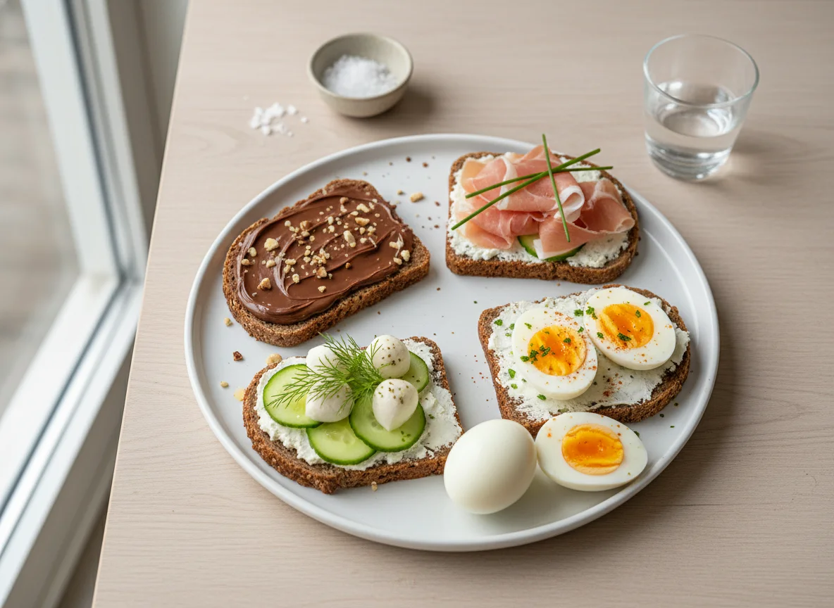 Verschiedene Brote mit Belag und Eiern photo