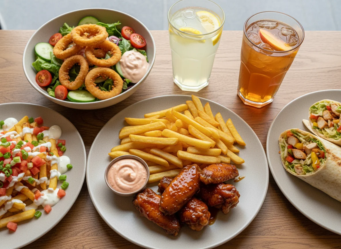 Verschiedene Gerichte mit Pommes, Salat und Wrap photo