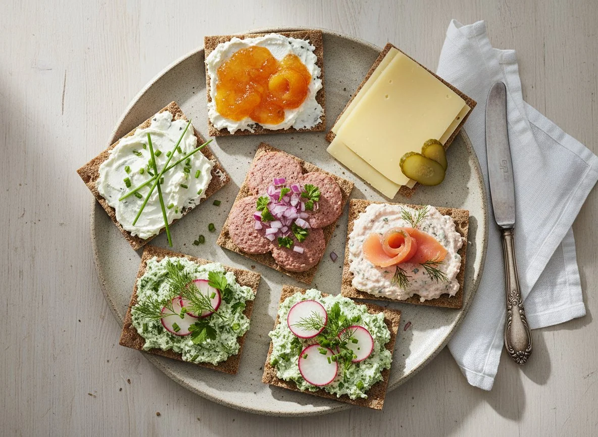 Verschiedene Knäckebrot-Beläge und Käse photo