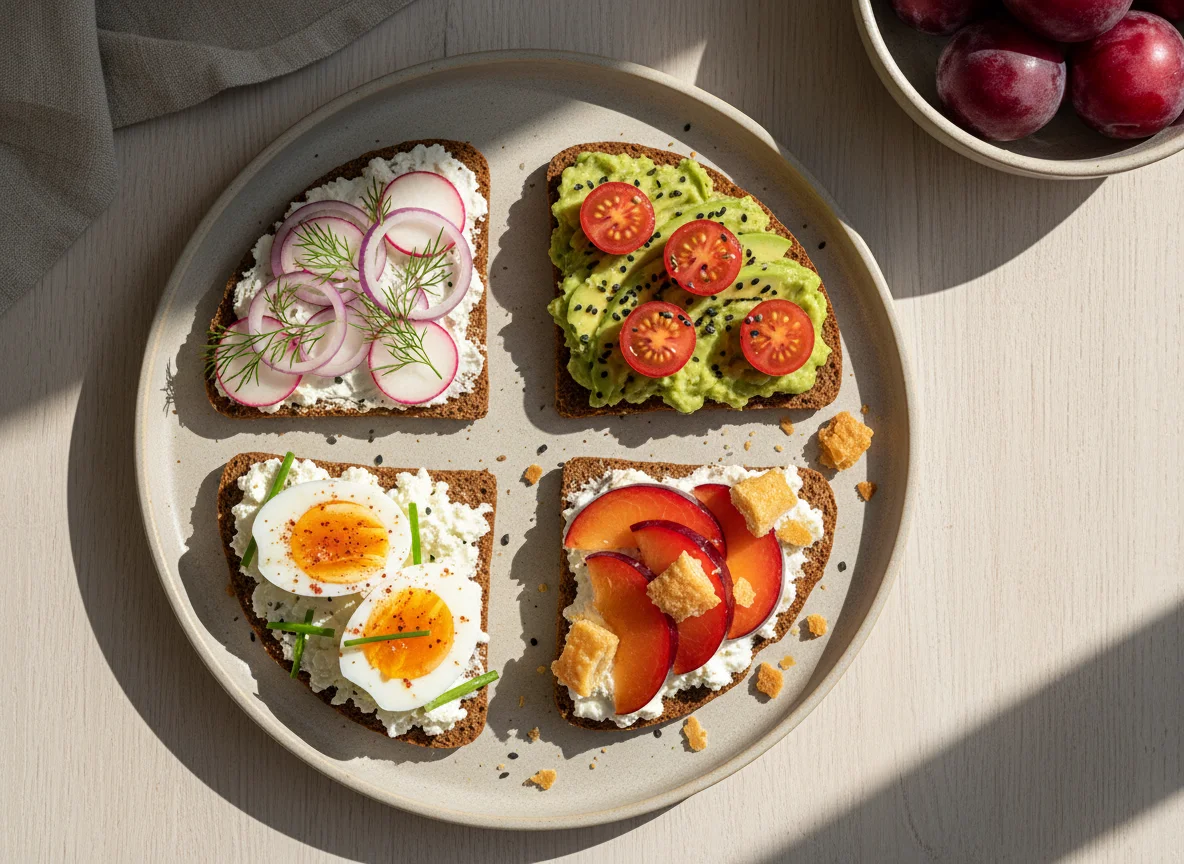 Verschiedene Knäckebrot-Toasts mit Pflaumen und Gebäck photo
