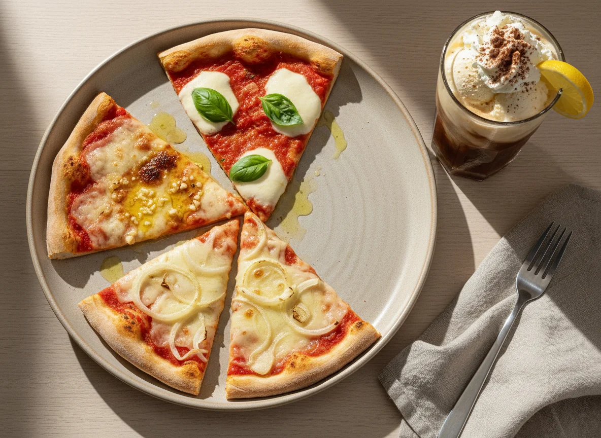Verschiedene Pizzastücke und Eiskaffee photo