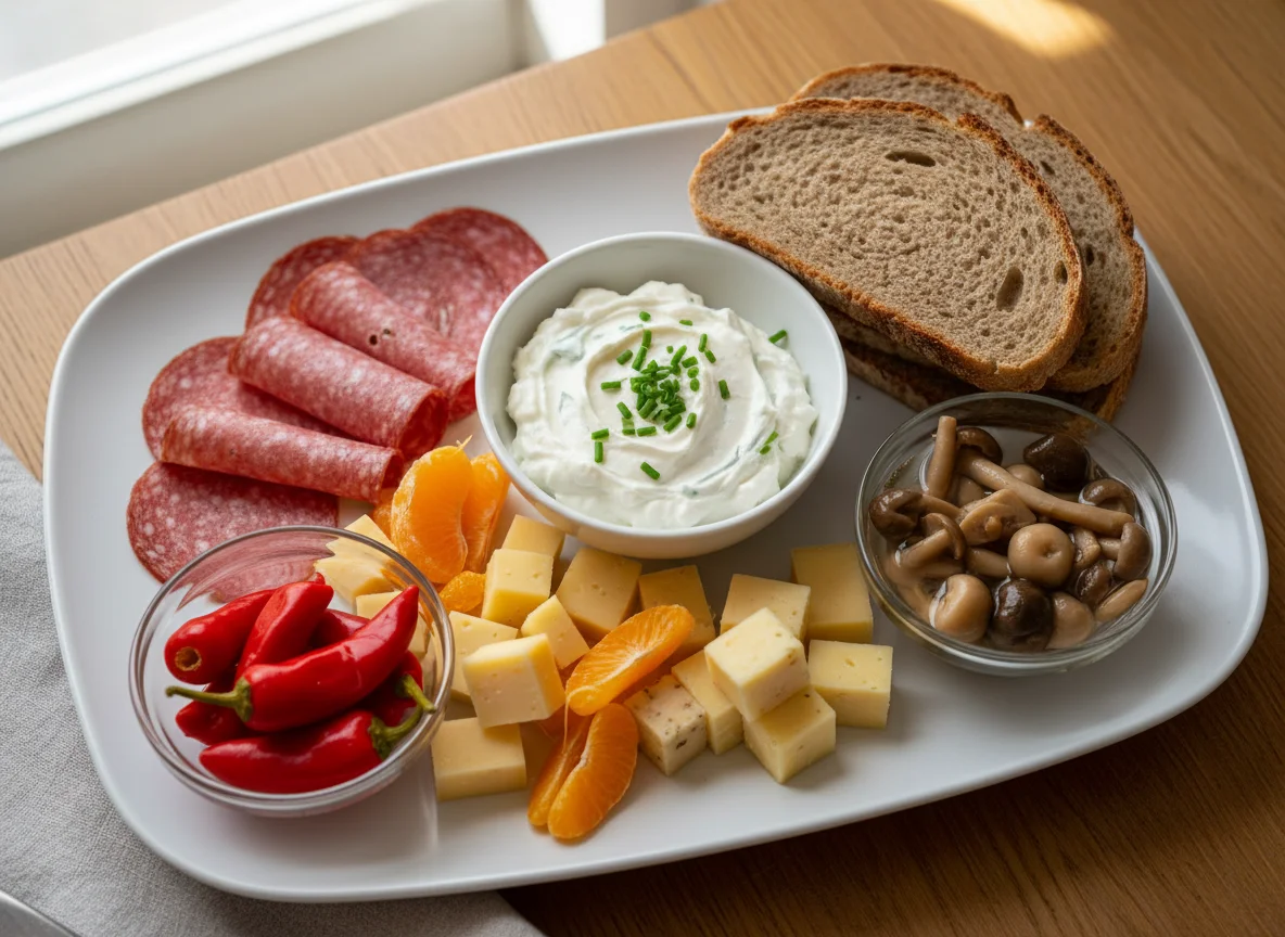 Vesperplatte mit Wurst, Käse und Beilagen photo