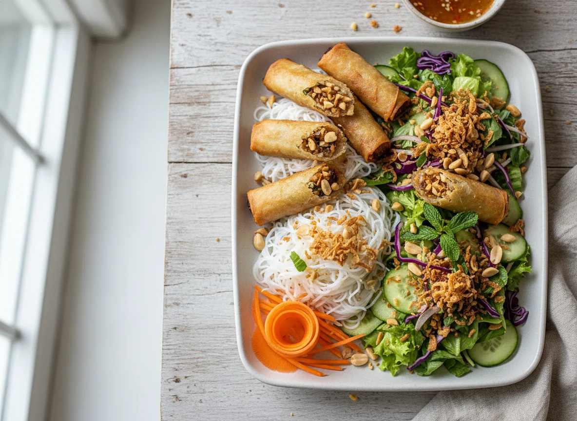 Vietnamesische Frühlingsrollen mit Salat und Erdnüssen photo