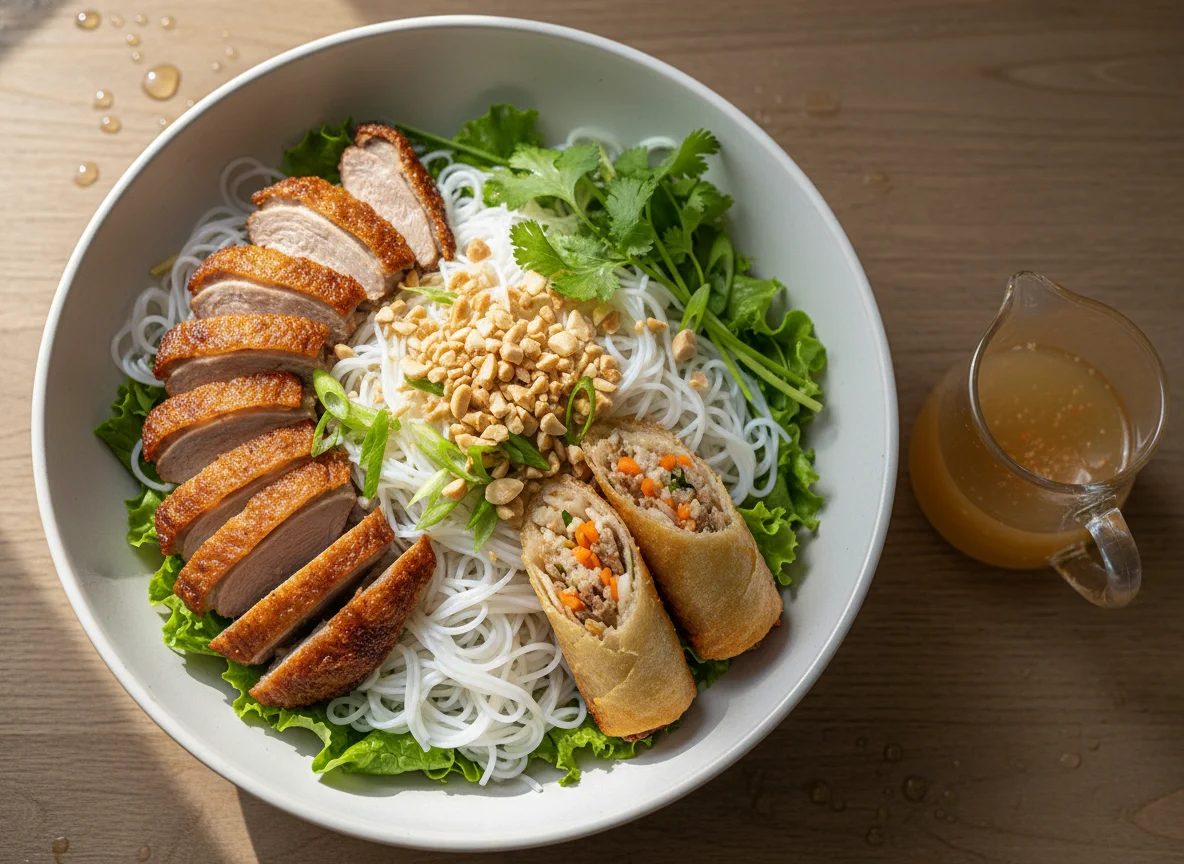 Vietnamesische Nudelsalat mit Frühlingsrollen und Ente photo