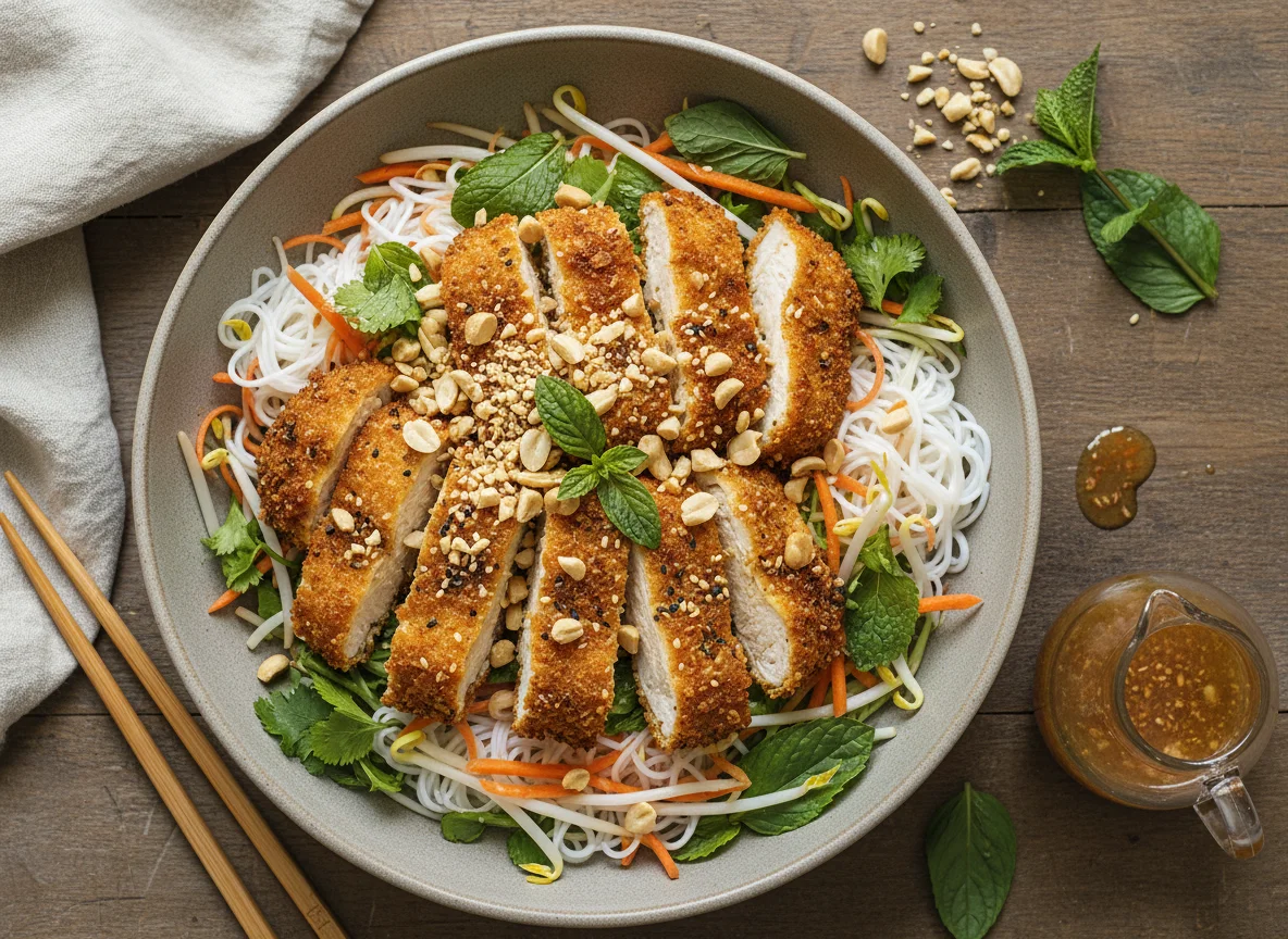 Vietnamesische Nudelsalat-Schale mit paniertem Hähnchen photo