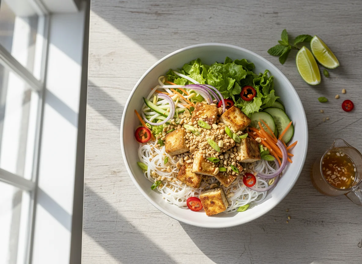 Vietnamesische Nudelsalat-Schale mit Tofu photo