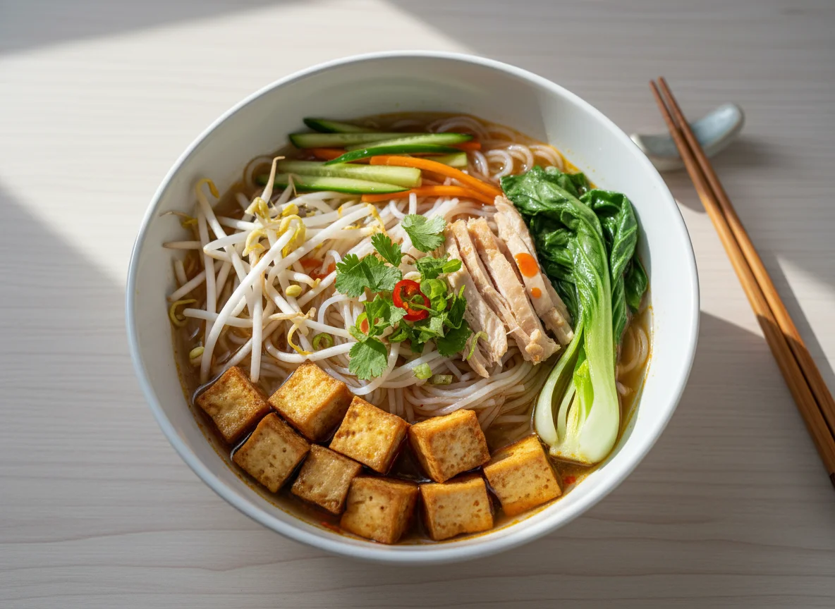 Vietnamesische Nudelsuppe mit Tofu und Gemüse photo