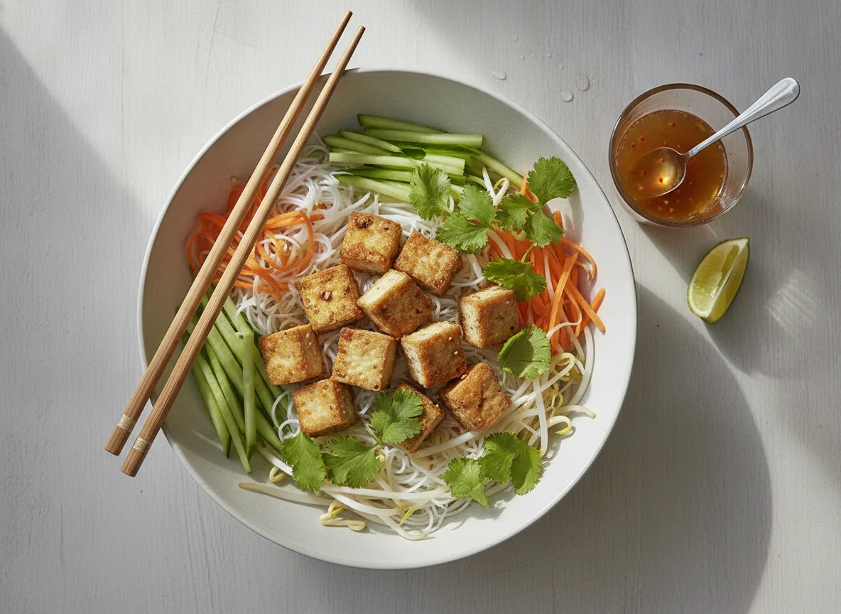 Vietnamesische Reisnudel-Bowl mit Tofu photo