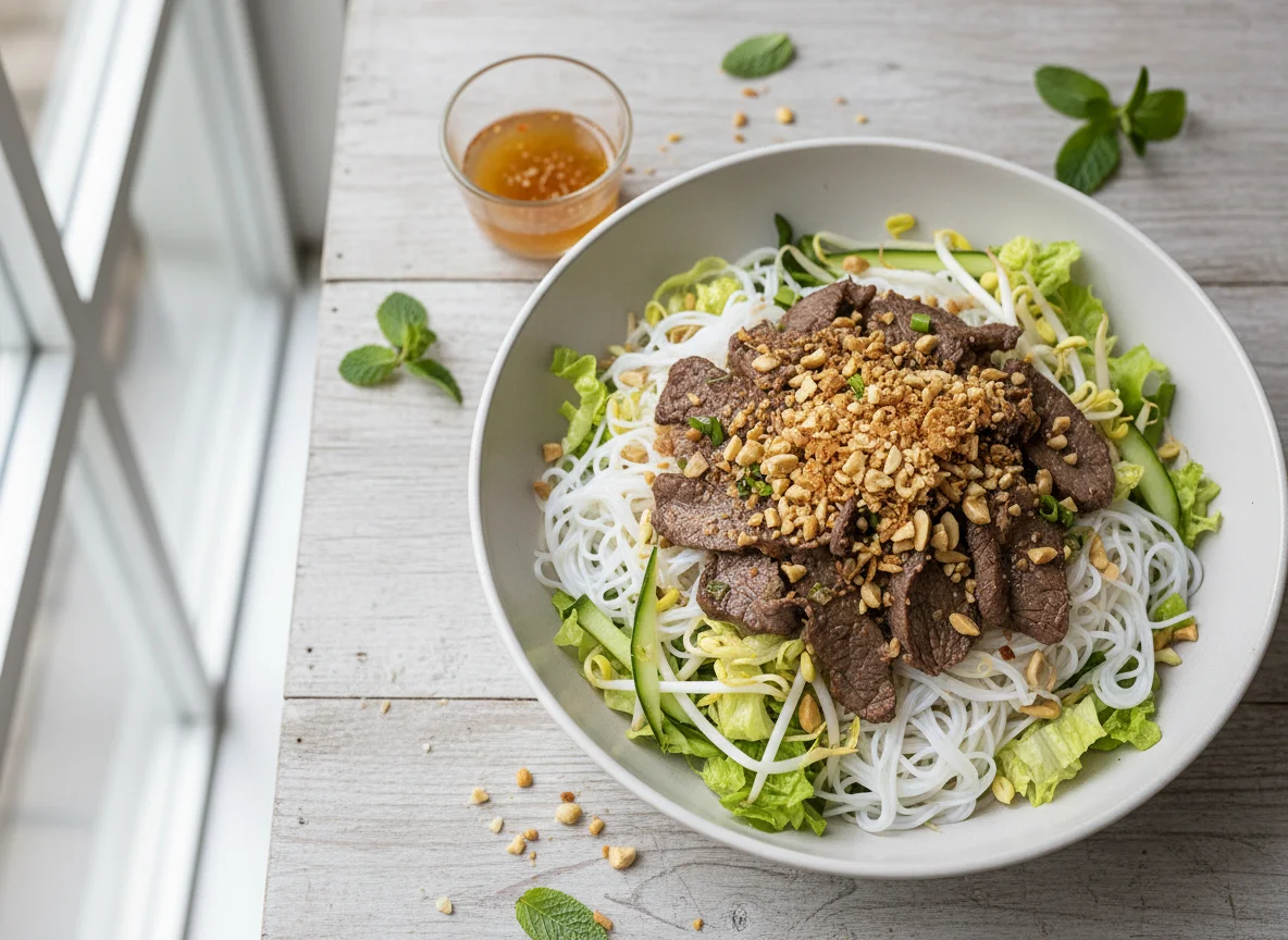 Vietnamesische Reisnudelschale mit Rindfleisch photo