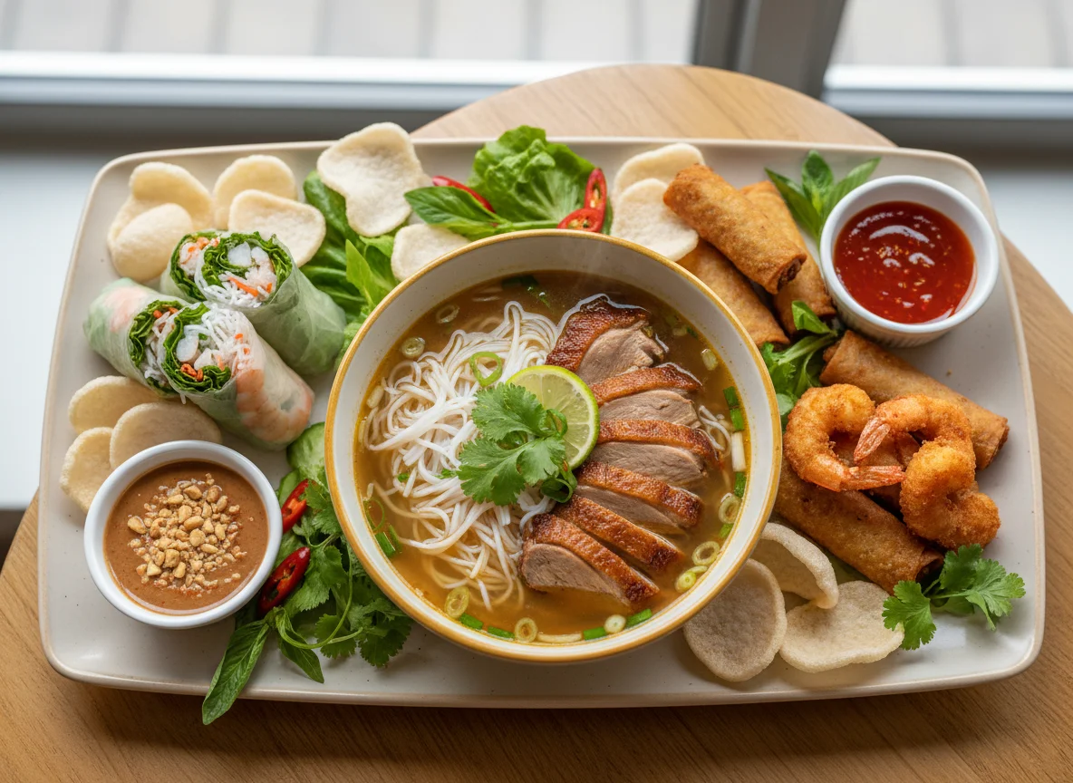 Vietnamesische Vorspeisenplatte und Pho mit Ente photo