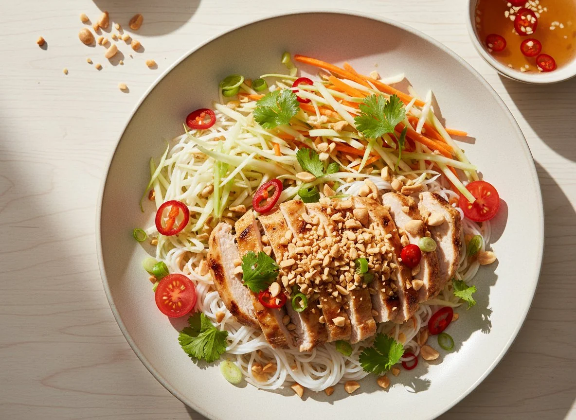 Vietnamesischer Nudelsalat mit Huhn und Erdnüssen photo