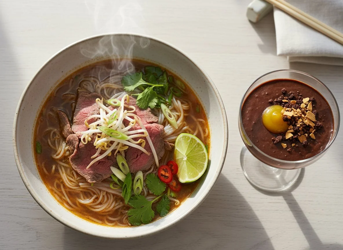 Vietnamesischer Pho und Schokoladenmousse Guanaja 70% photo