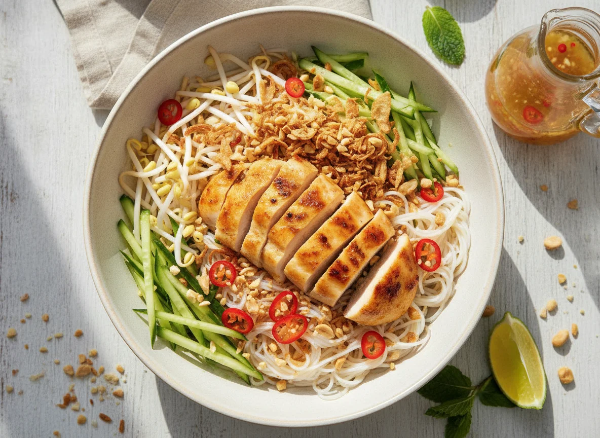 Vietnamesischer Reisnudelsalat mit Hähnchen photo