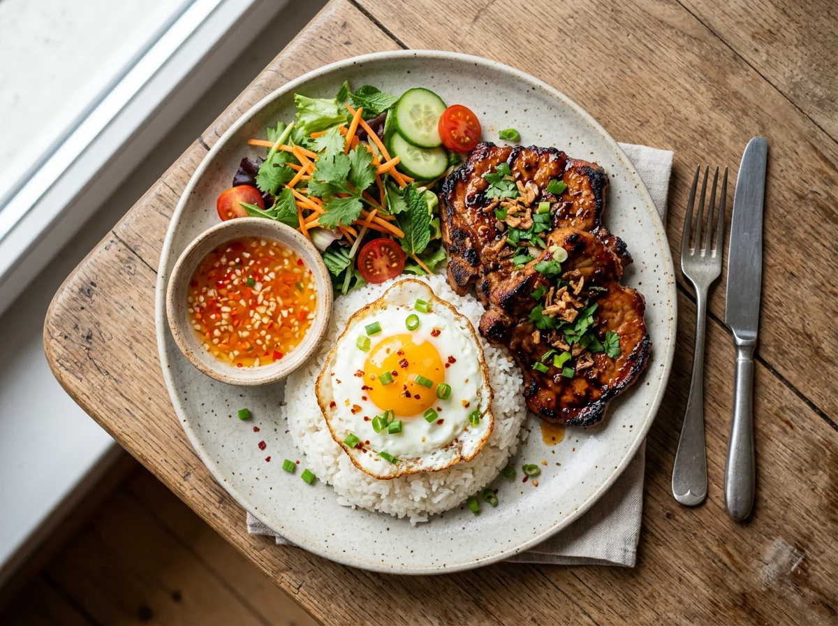 Vietnamesisches Reisgericht mit gegrilltem Schweinefleisch und Ei photo