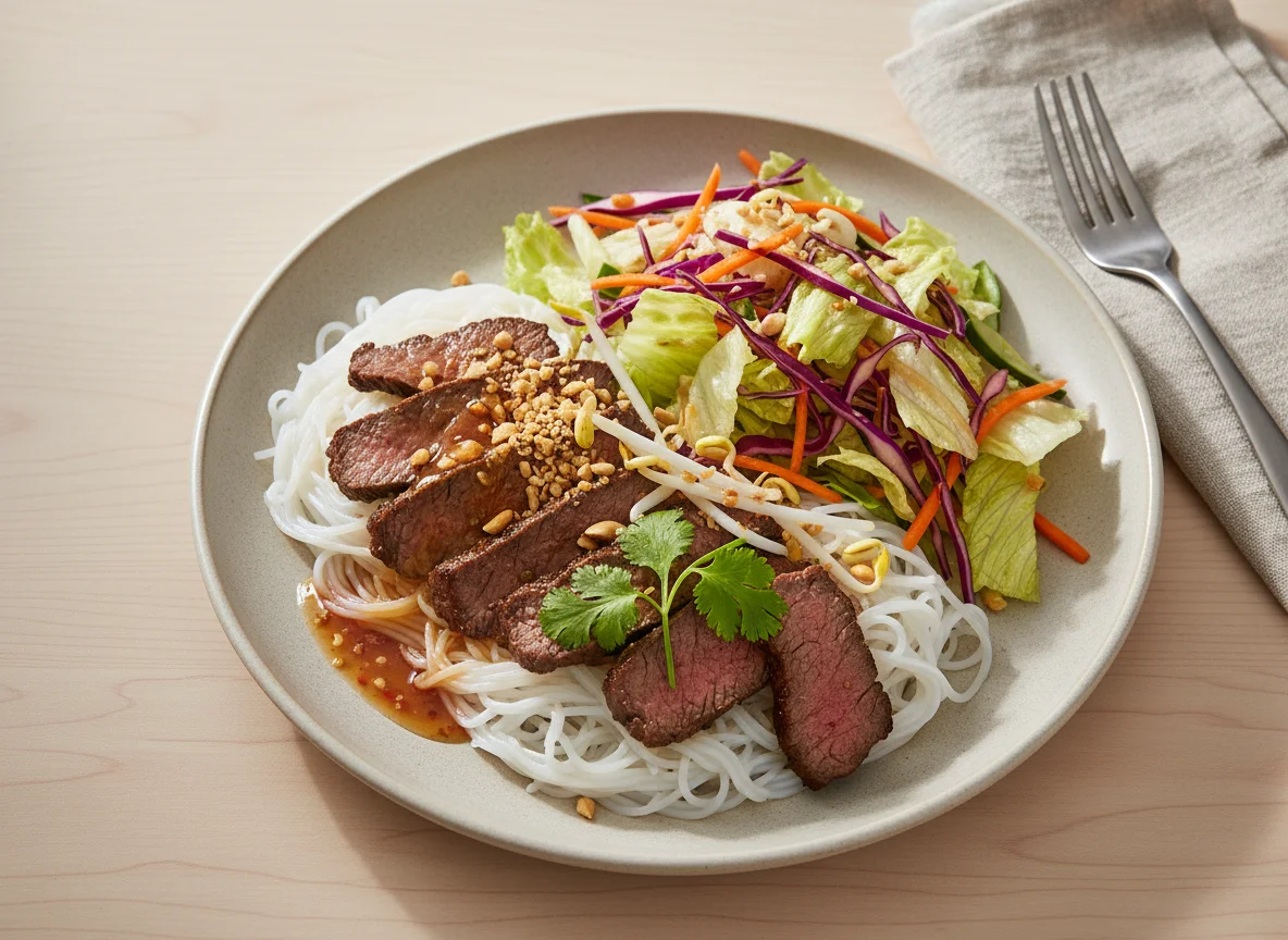 Vietnamesisches Rindfleisch mit Reisnudeln und Salat photo