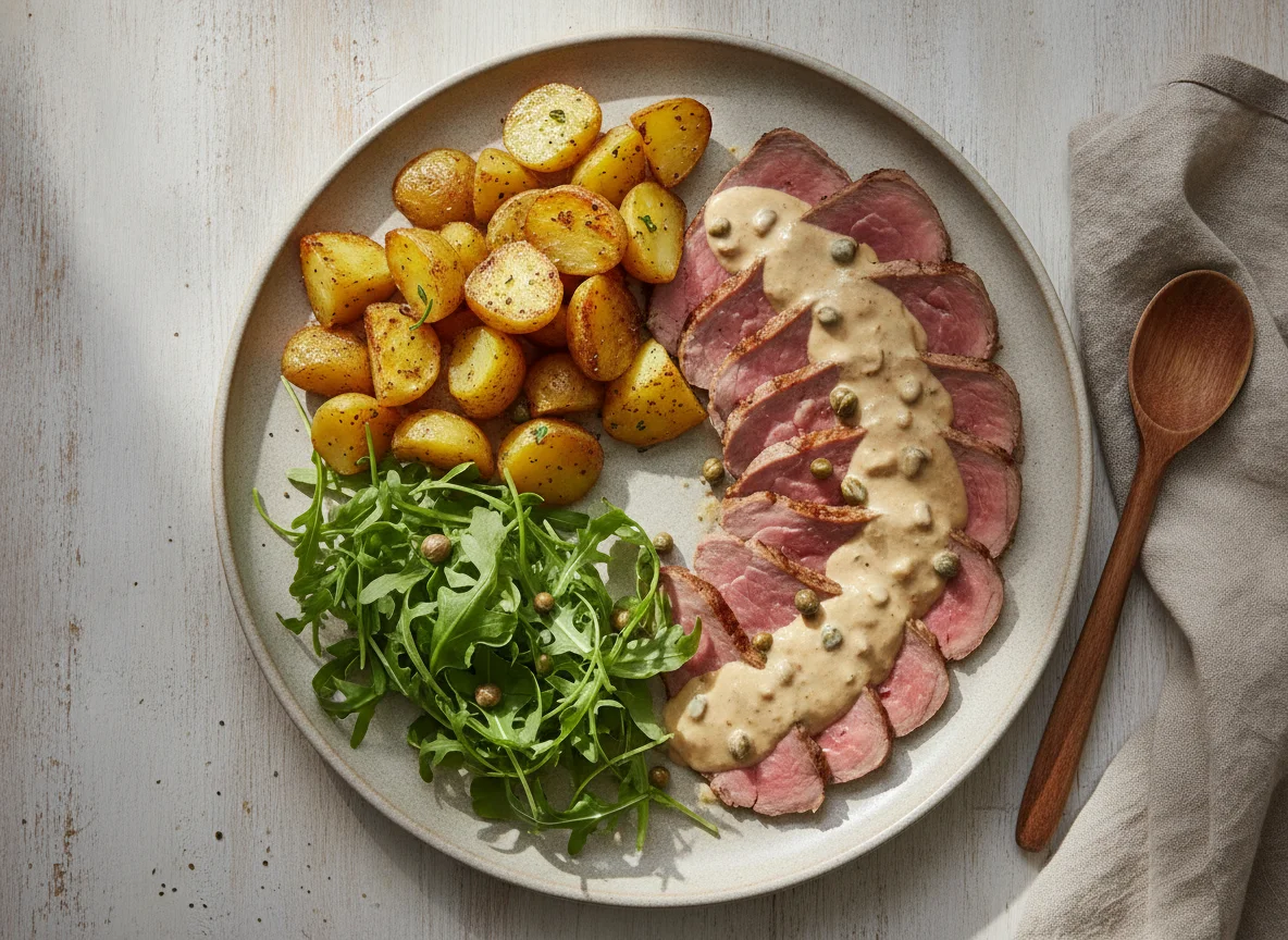 Vitello Tonnato mit Röstkartoffeln und Rucola photo