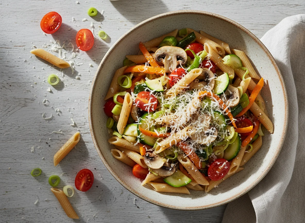 Vollkorn Penne mit Gemüse und Parmesan photo