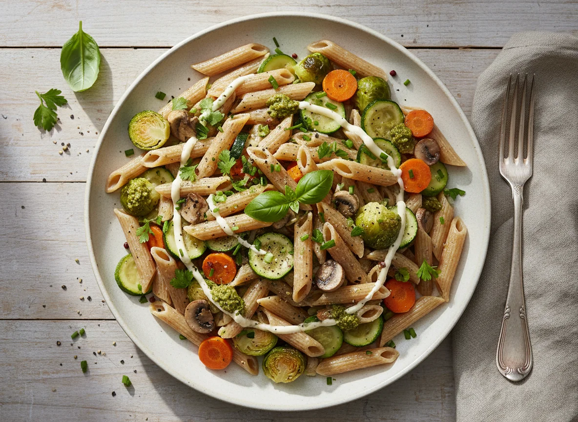 Vollkorn Penne mit Gemüse und Sauce photo