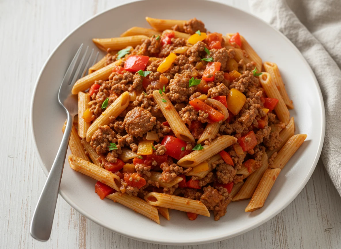 Vollkorn Penne mit Paprika und Hackfleischsauce photo