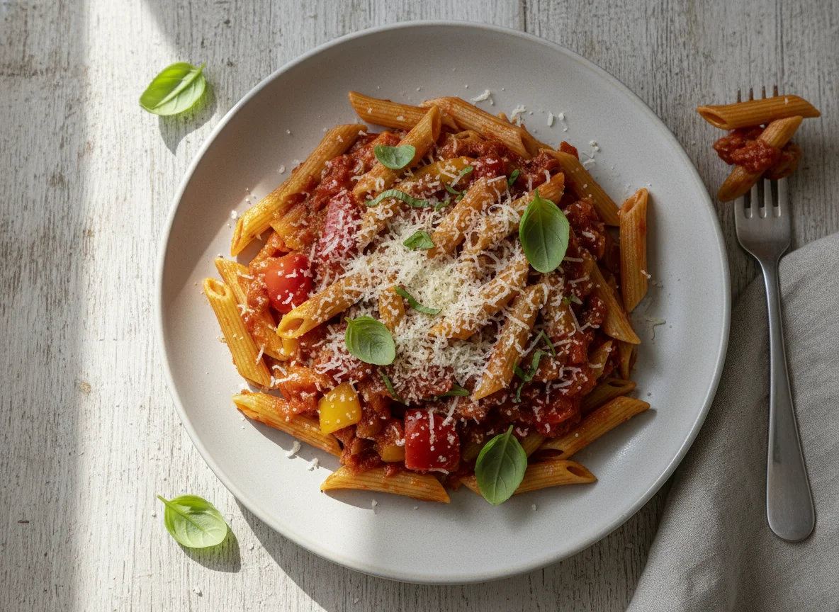 Vollkorn Penne mit Paprika und Tomatensauce photo