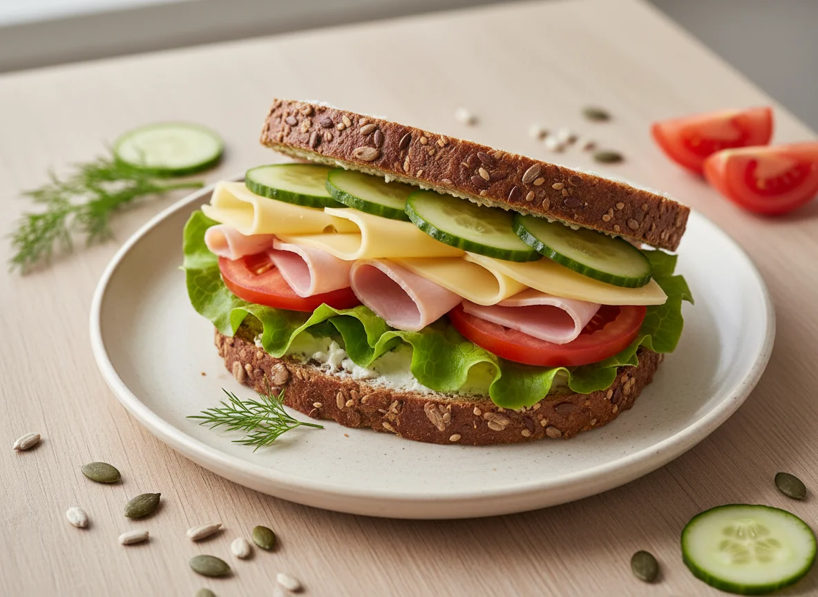 Vollkorn Sandwich mit Käse und Gemüse photo