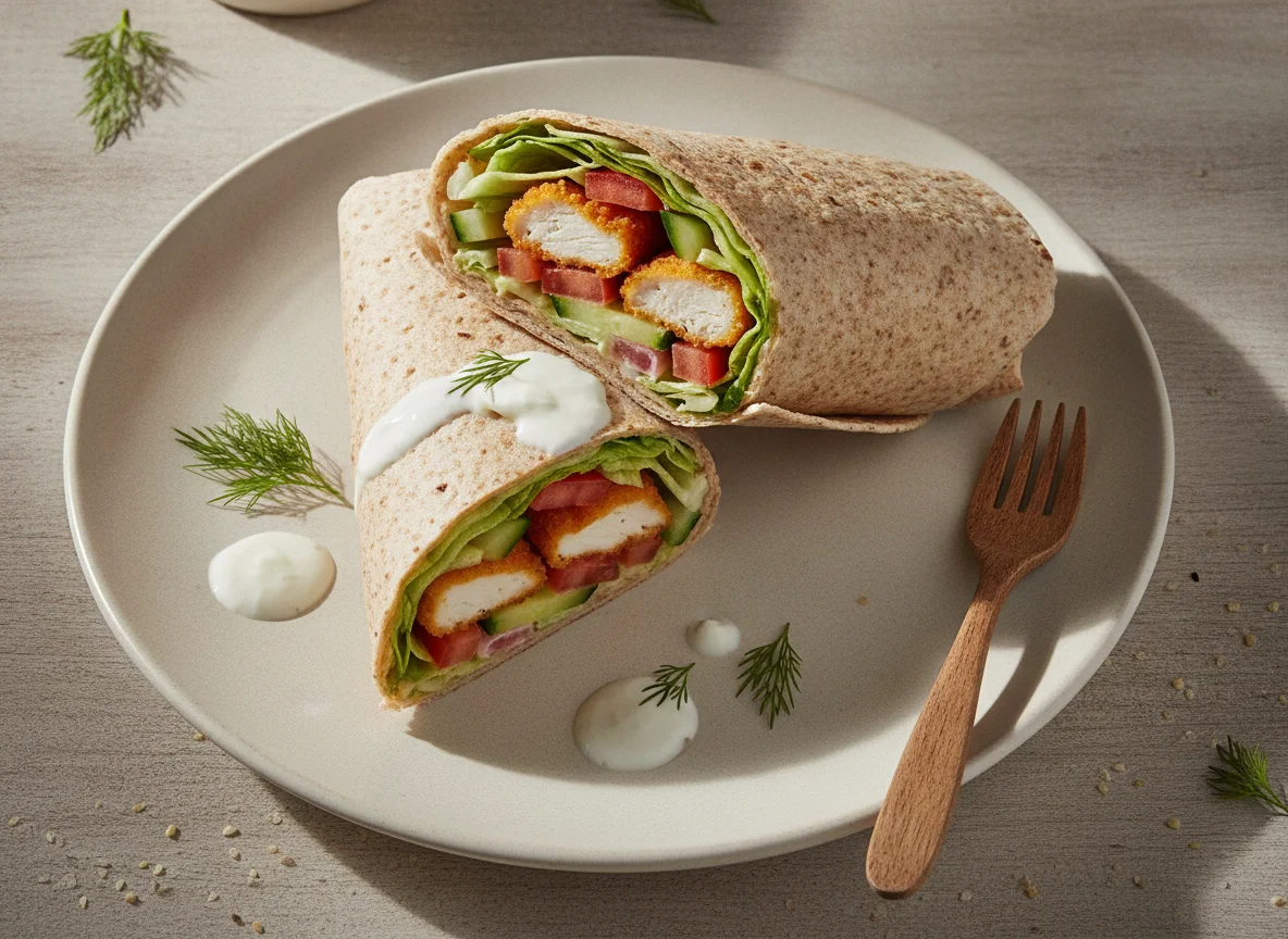 Vollkorn Wrap mit Chicken Nuggets und Gemüse photo