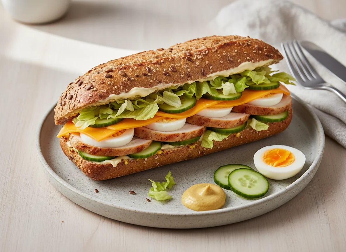 Vollkornbaguette mit Hähnchenbrust und Cheddar photo