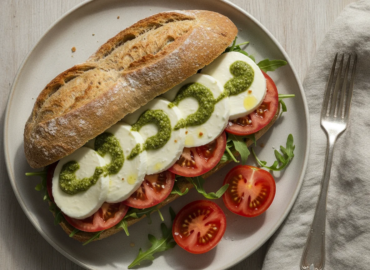 Vollkorn-Baguette mit Mozzarella und Tomaten photo