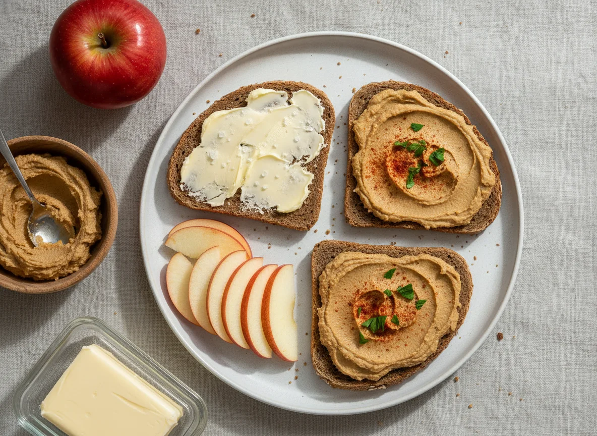 Vollkornbrot mit Aufstrich und Apfel photo