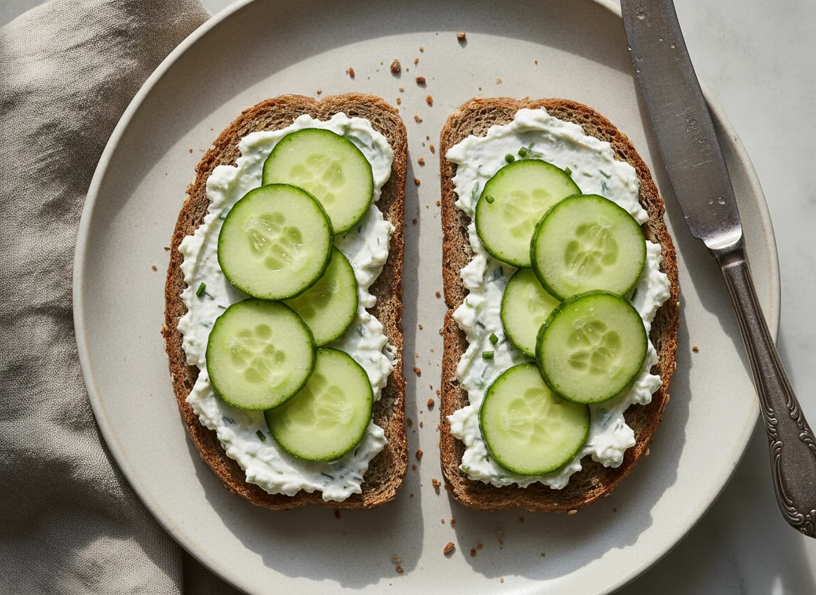 Vollkornbrot mit Aufstrich und Gurkenscheiben photo