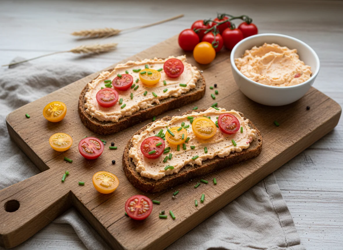 Vollkornbrot mit Aufstrich und Tomaten photo