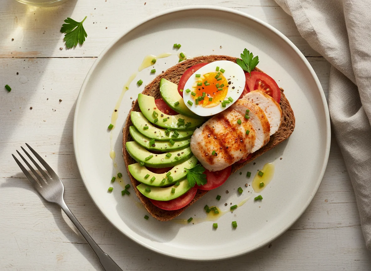 Vollkornbrot mit Avocado, Ei, Hähnchenbrust und Tomate photo