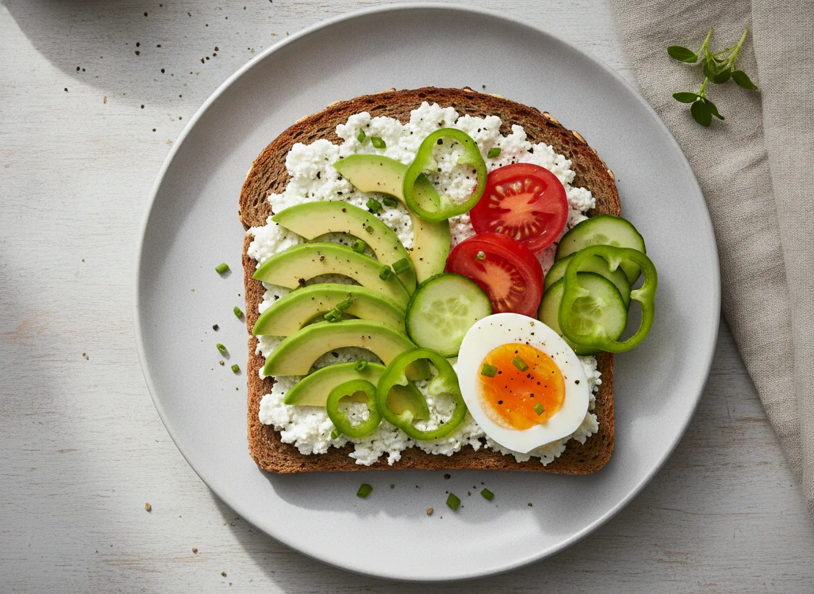 Vollkornbrot mit Avocado, Ei und Gemüse photo