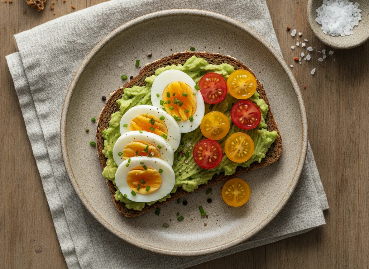 Vollkornbrot mit Avocado, Ei und Tomaten photo