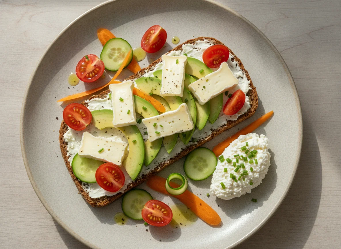 Vollkornbrot mit Avocado, Käse und Gemüse photo