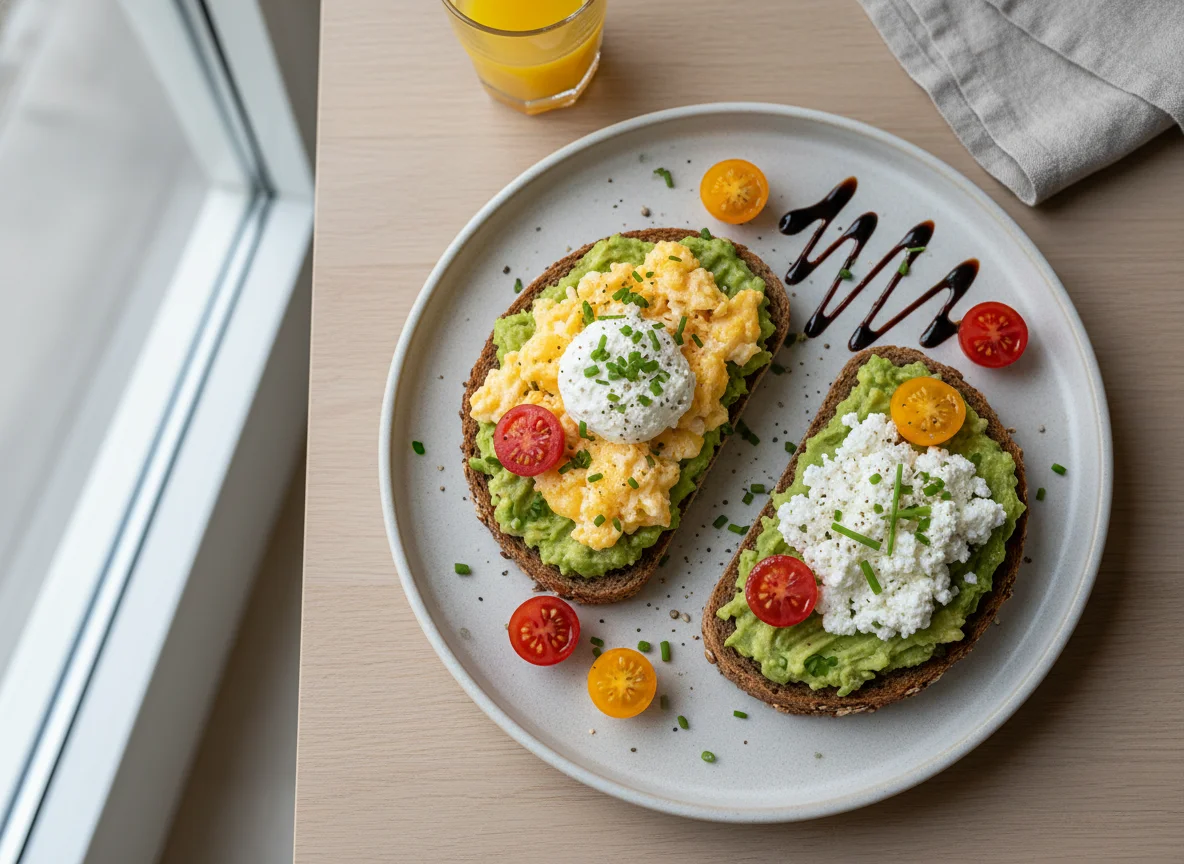Vollkornbrot mit Avocado, Rührei und Hüttenkäse photo