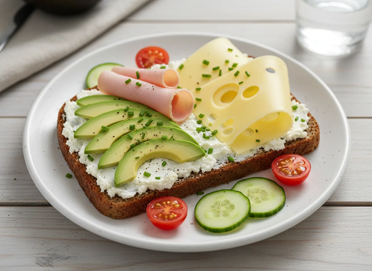 Vollkornbrot mit Avocado, Schinken und Käse photo