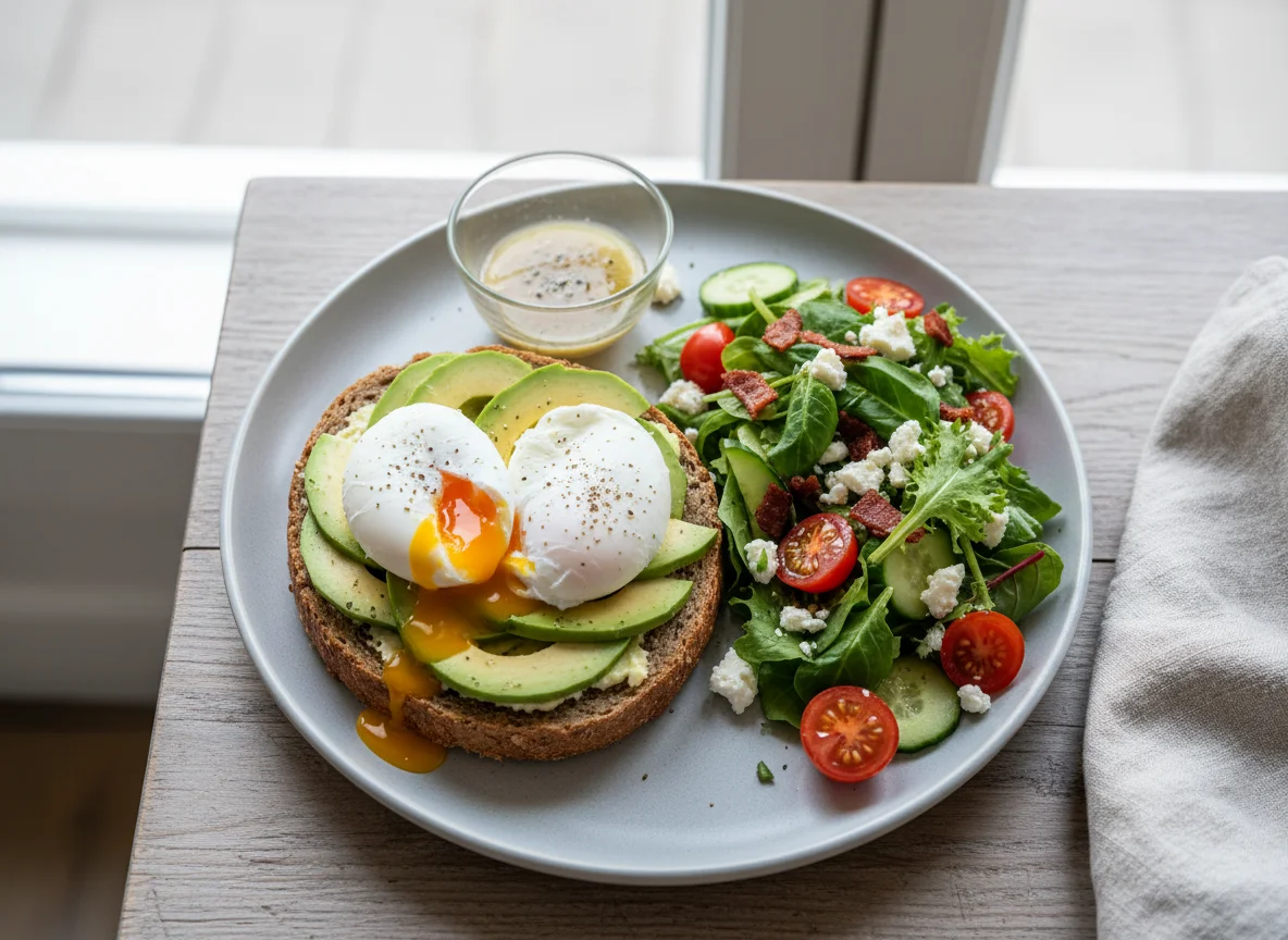Vollkornbrot mit Avocado und pochiertem Ei, dazu Salat mit Feta und Speck photo
