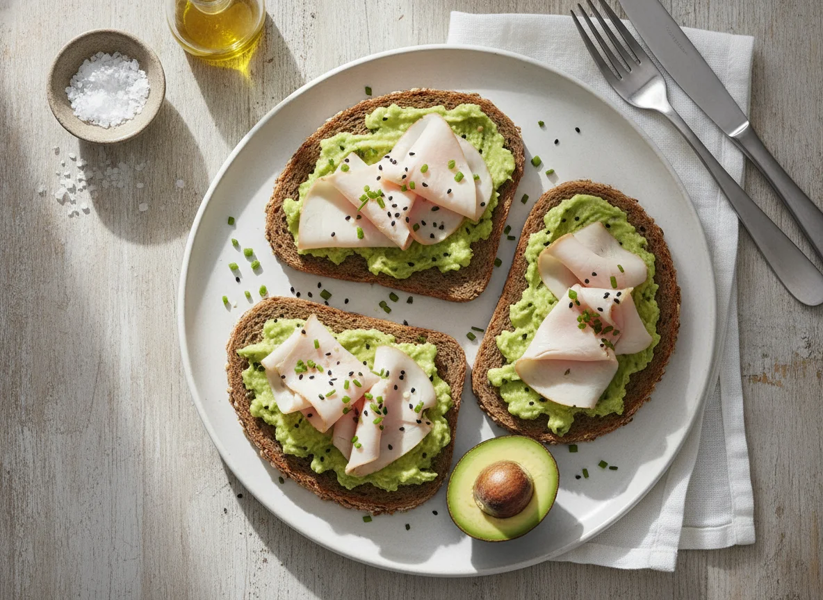 Vollkornbrot mit Avocado und Putenbrust photo