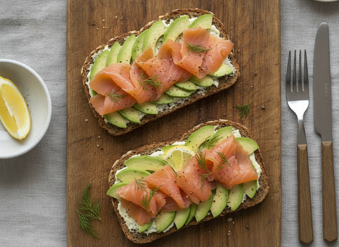 Vollkornbrot mit Avocado und Räucherlachs photo