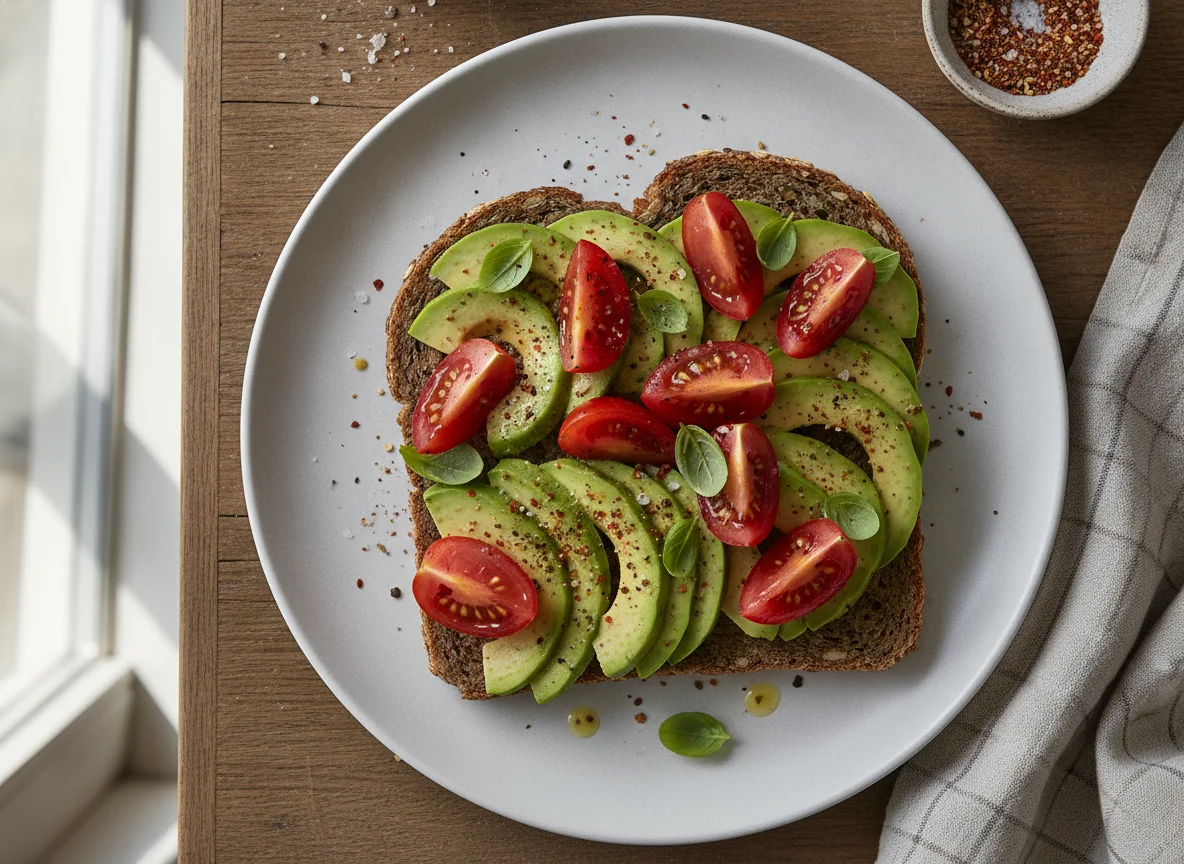 Vollkornbrot mit Avocado und Tomaten photo