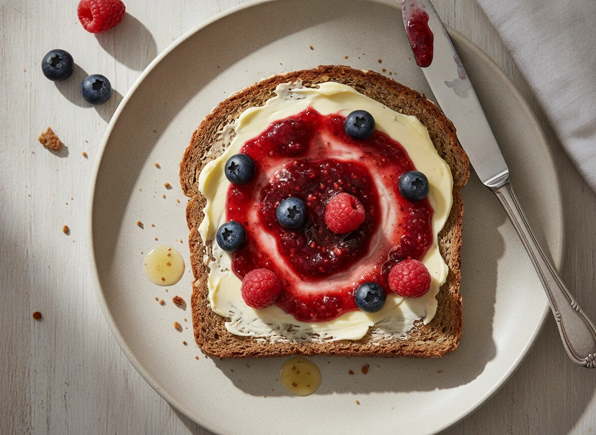 Vollkornbrot mit Butter und Beerenmarmelade photo