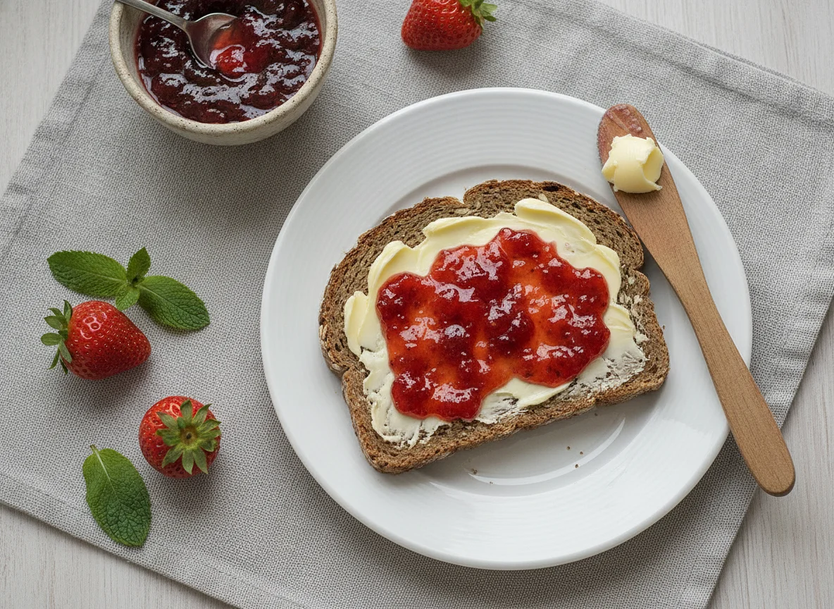 Vollkornbrot mit Butter und Erdbeerkonfitüre photo
