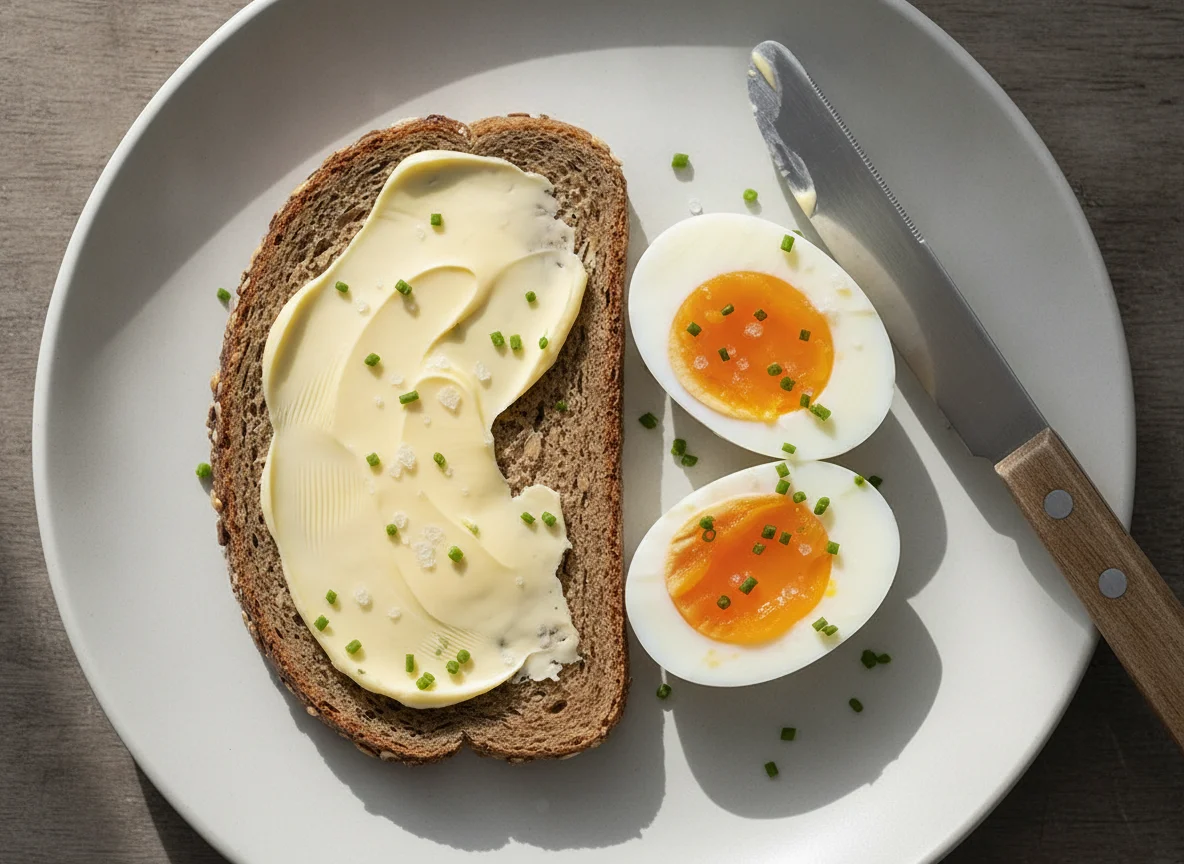 Vollkornbrot mit Butter und gekochtem Ei photo