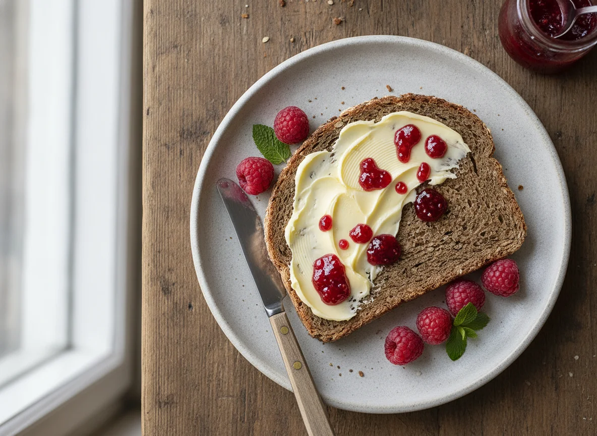 Vollkornbrot mit Butter und Himbeermarmelade photo