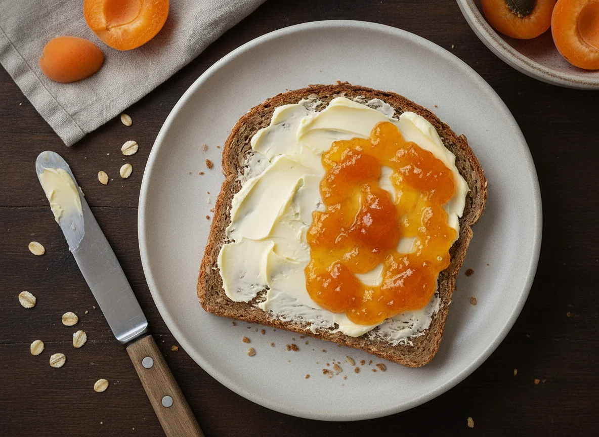 Vollkornbrot mit Butter und Marillenmarmelade photo