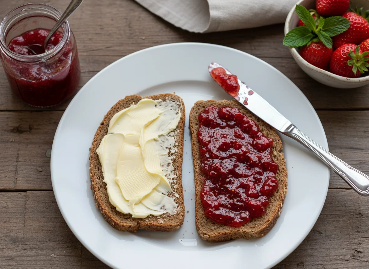 Vollkornbrot mit Butter und Marmelade photo