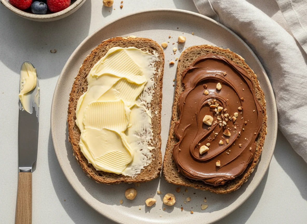 Vollkornbrot mit Butter und Nuss-Nougat-Creme photo