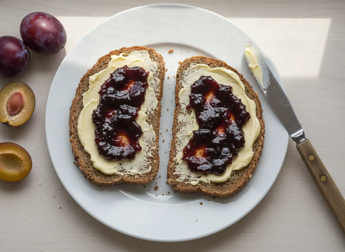 Vollkornbrot mit Butter und Pflaumenmus photo