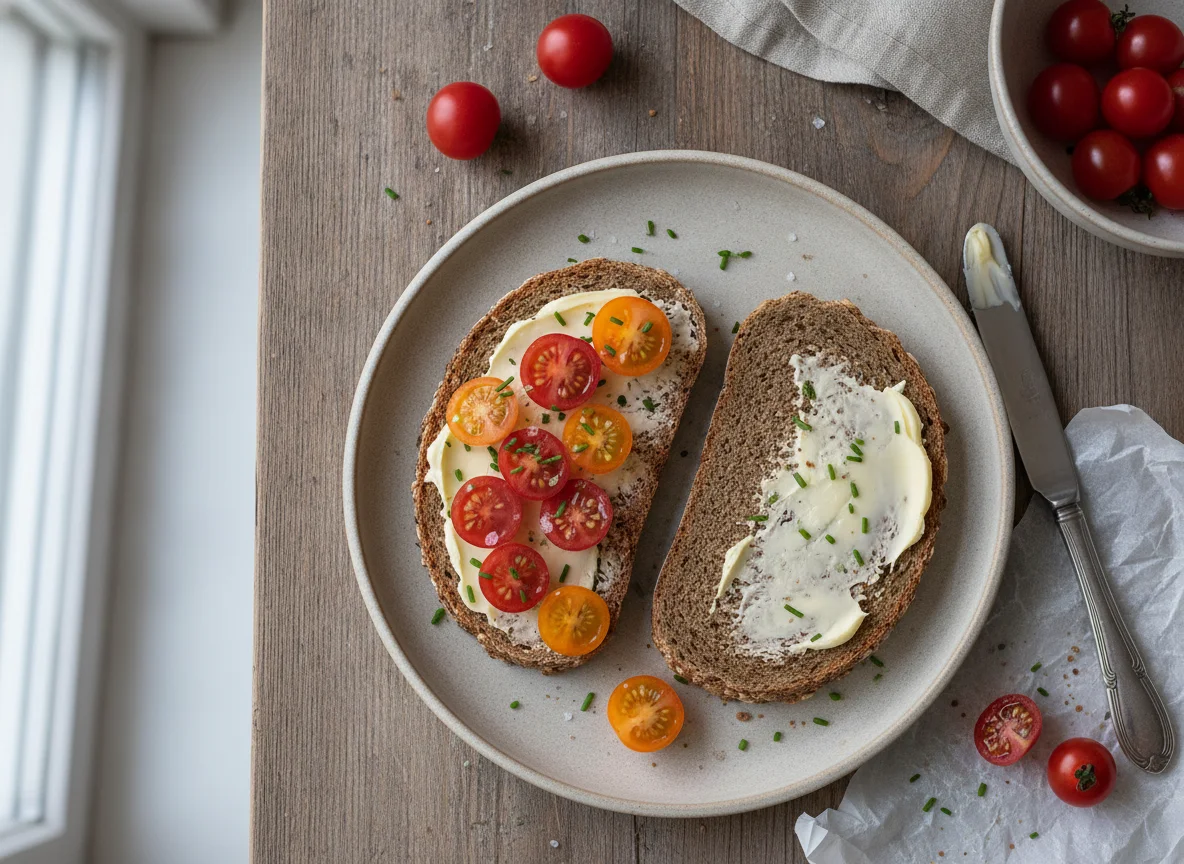 Vollkornbrot mit Butter und Tomaten photo